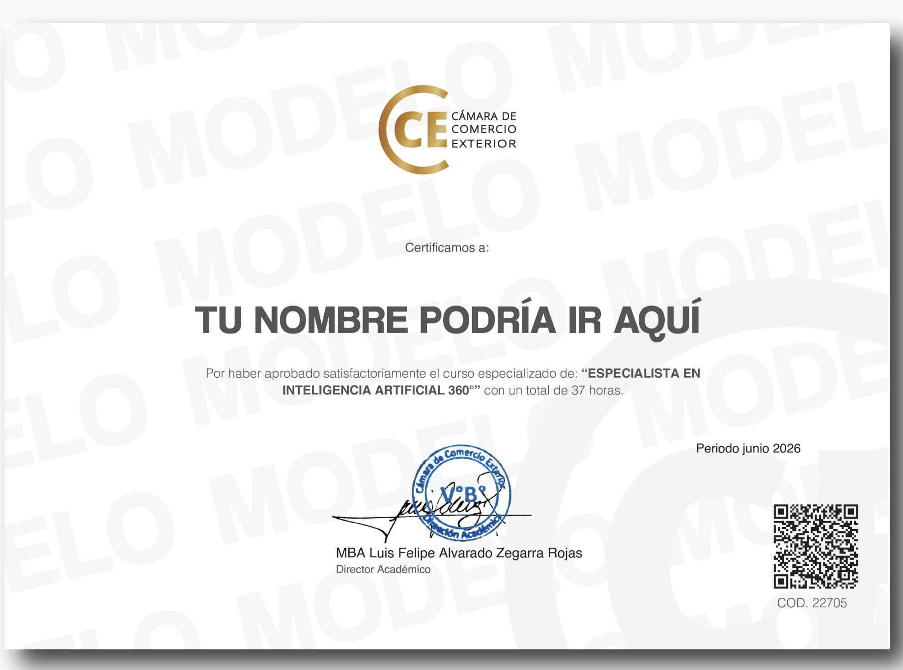 Ejemplo de certificado de la Cámara de Comercio Exterior